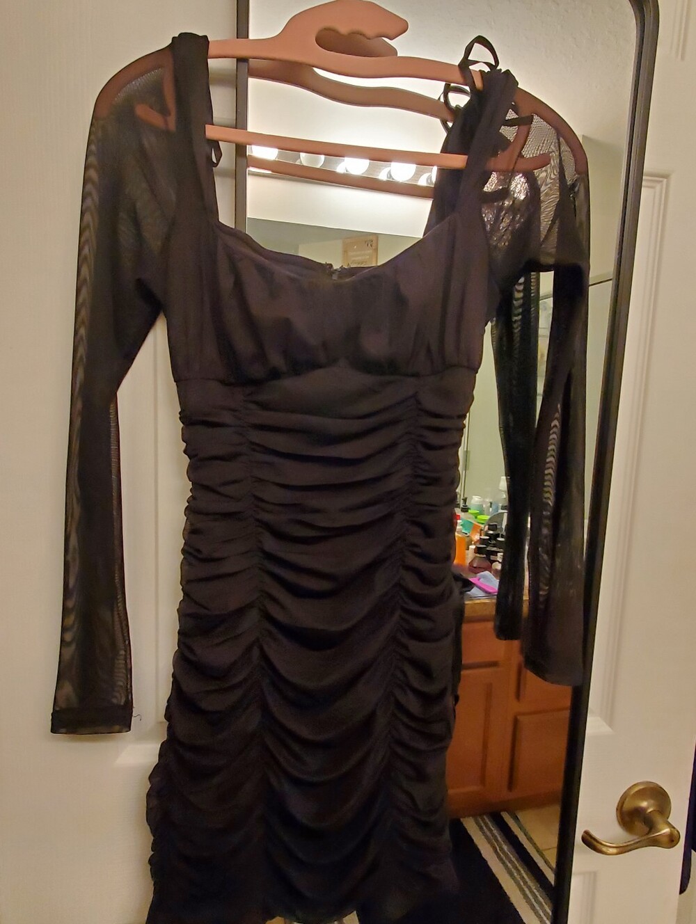 Windsor Black Long Sleeve Ruched Mesh Dress